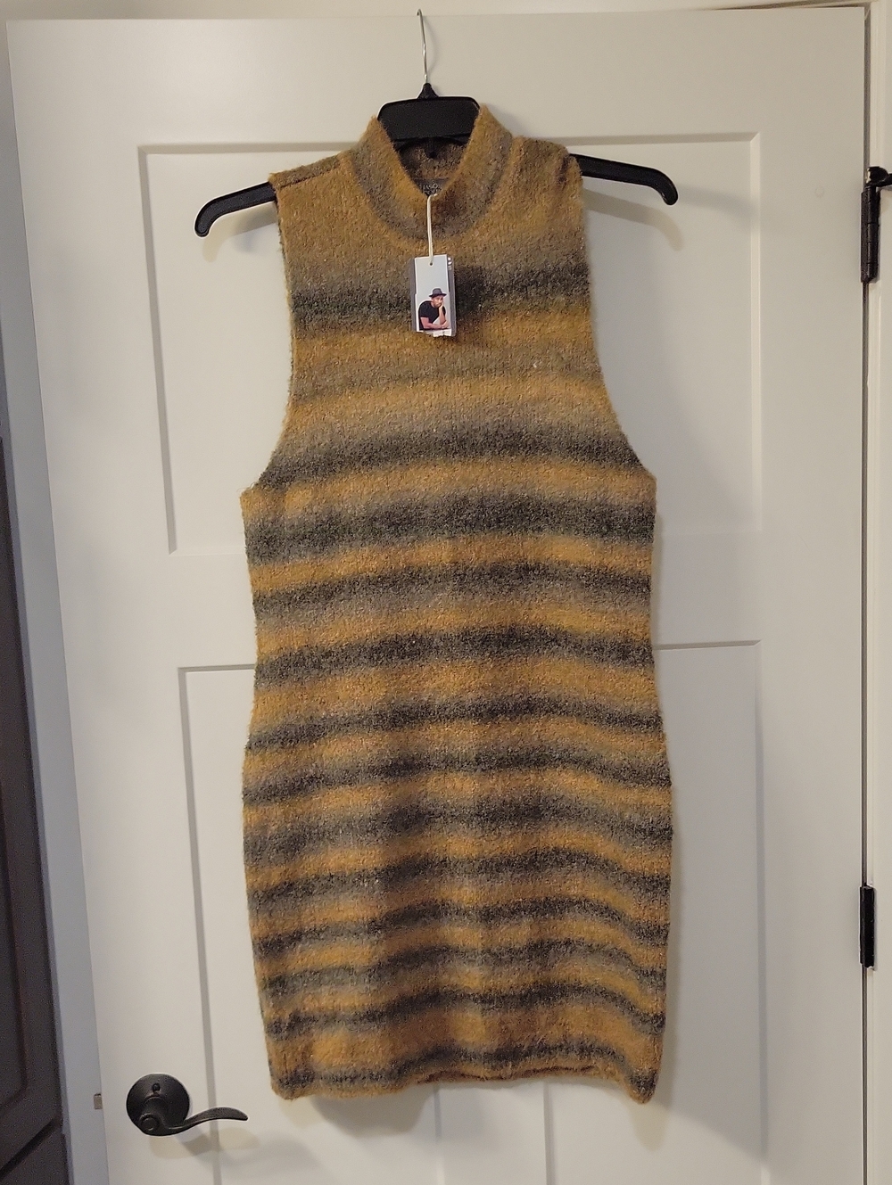 Worthington Sleeveless Mock Neck Striped Midi Dress in Mustard and Charcoal